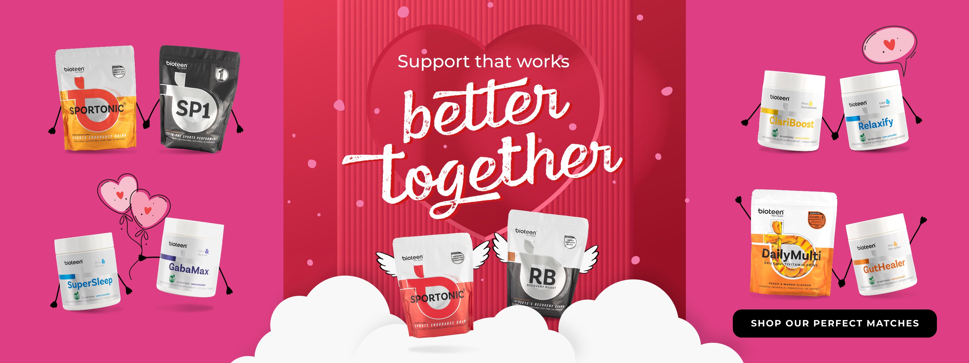 Bioteen Valentine's Promo with text "Support that works Better Together" along with images of Bioteen Duos